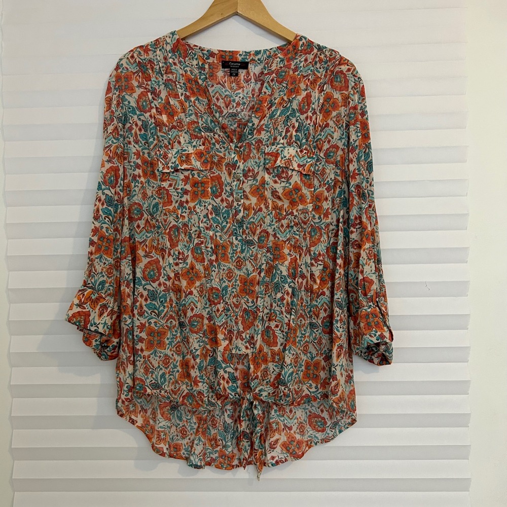 Cocomo Woman Orange Teal Floral Paisley Tie Front Blouse 2X D088VE81370U